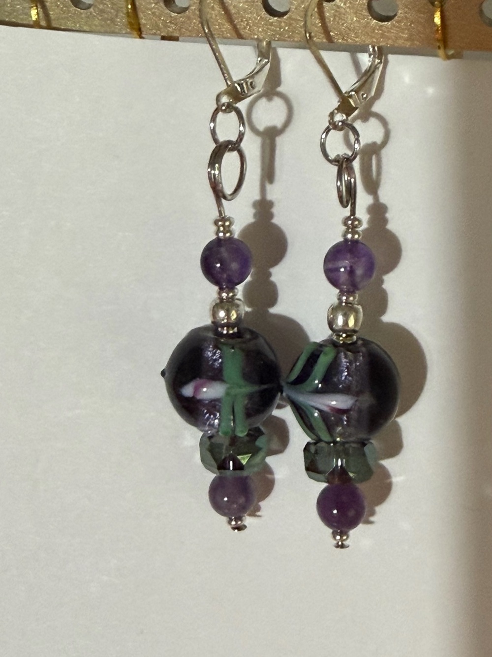 Purple and Green Glass Bead Drop Earrings - Silver Tone Hooks